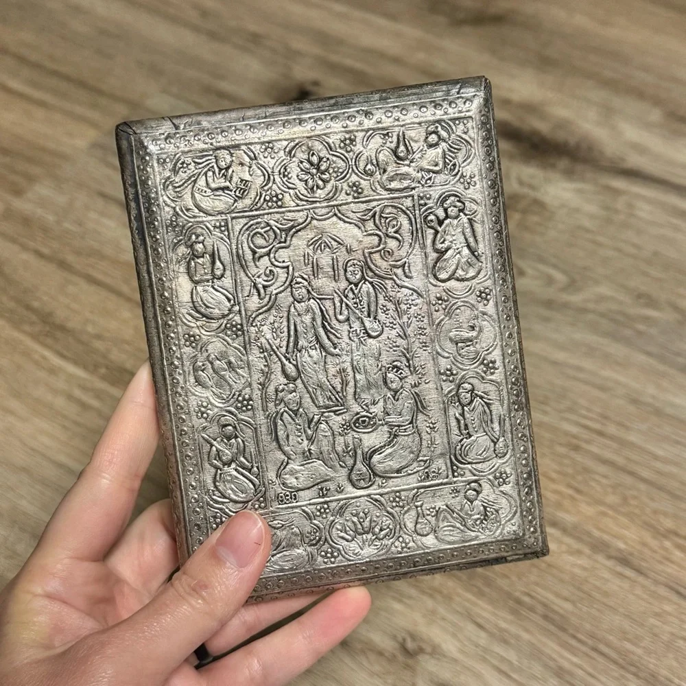 Antique Vtg 19th Century Islamic Persian Qajar Silver Plated Blue Enamel Mirror